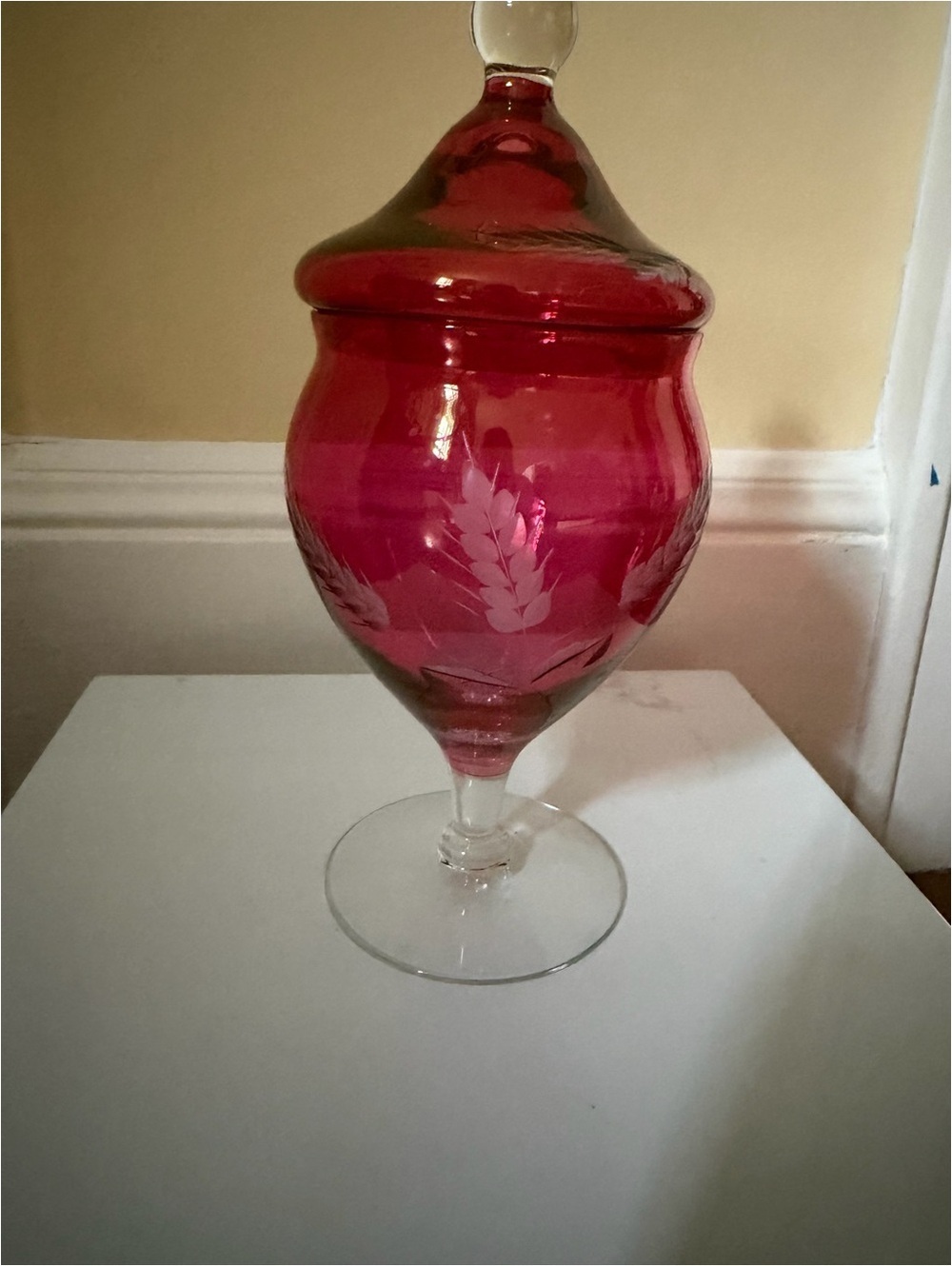Vintage Cranberry etched glass lidded candy trinket jar.